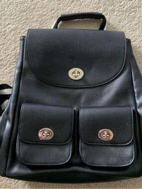 Kate & Alex Classic Black Women's Faux Leather Backpack with Front Flap Pockets